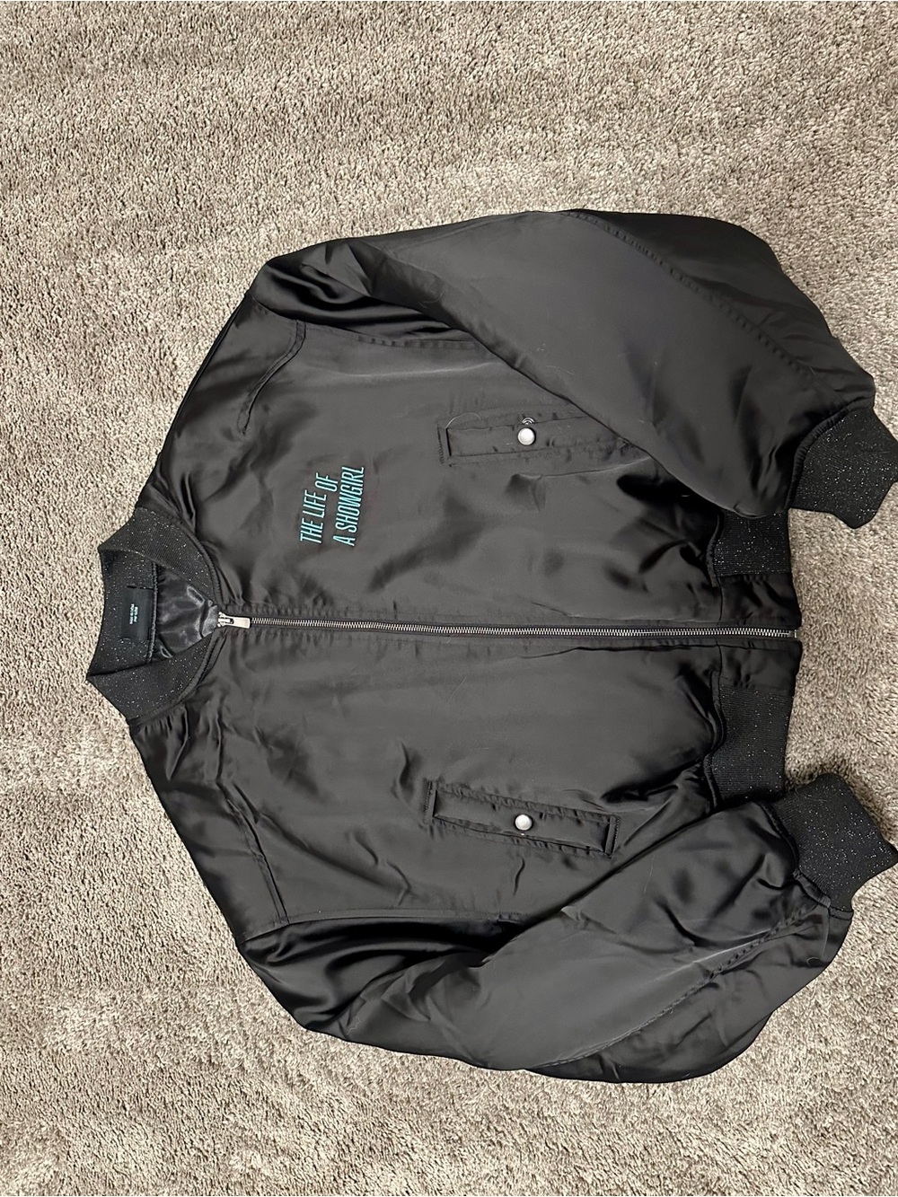 Taylor Swift Black Bomber Jacket with Teal Embroidery, never used.